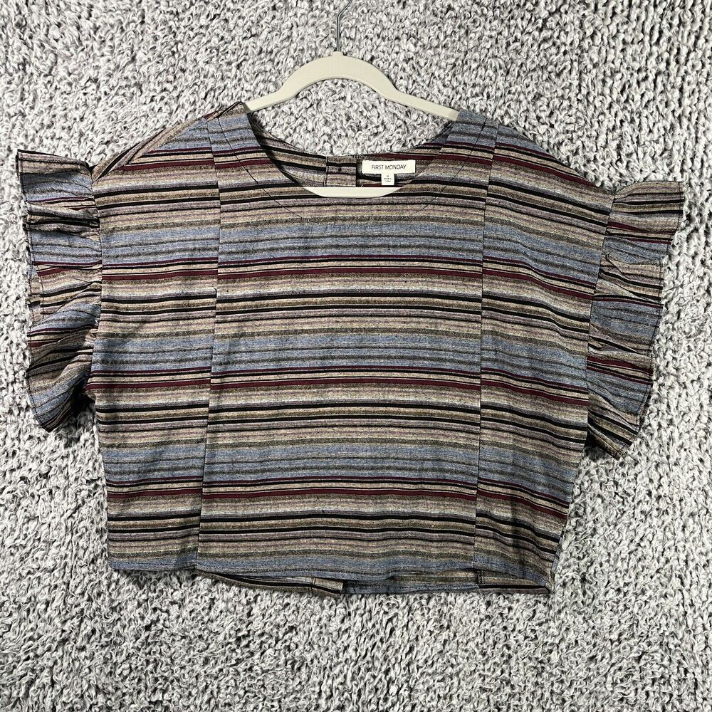 First Monday Boho Top Boho Striped Ruffle Sleeve Back Button Up Blouse Womens M